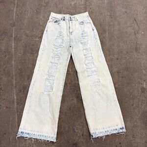 1JinnStudio Distressed Lace Panel Wide-Leg Jeans